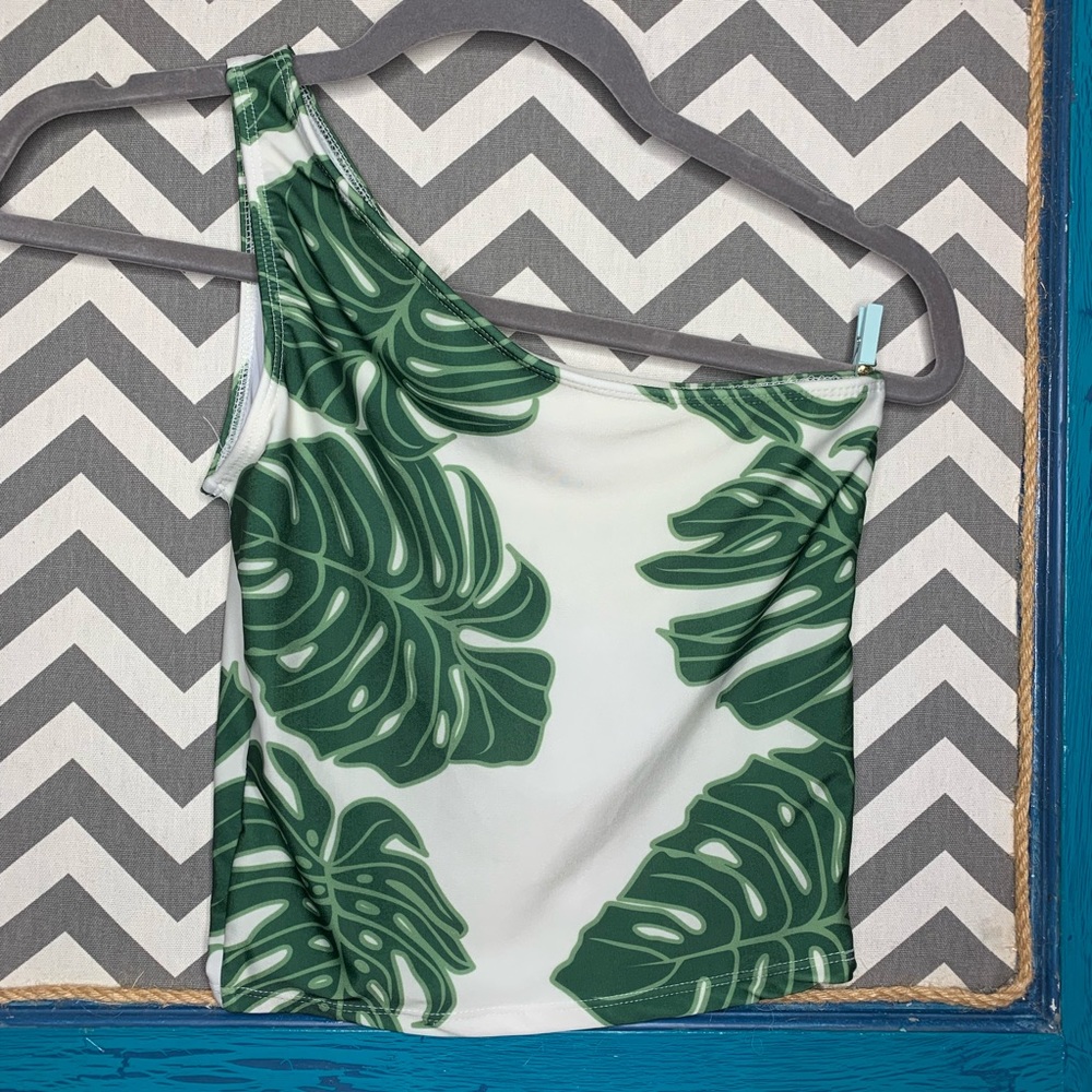 Kortni jeane cream and green palm tree swim top